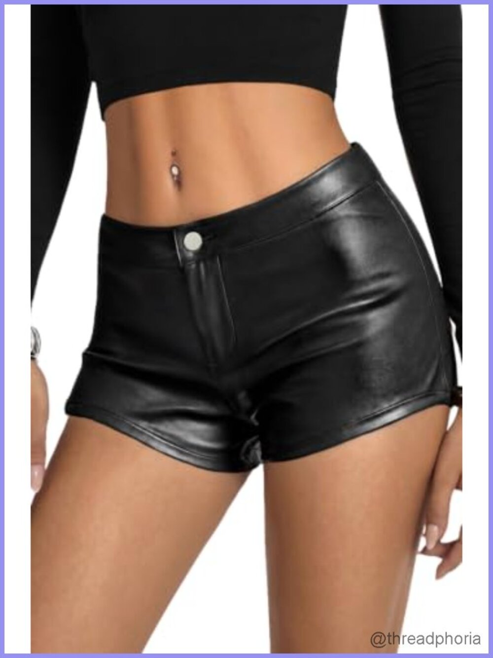 Faux Leather Low Rise Mini Shorts Stretchy Body Hugging Curved Hem